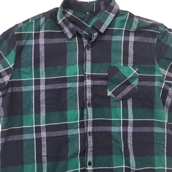 Men's Size XL Navy Green Plaid Short Sleeve Button Down Flannel Shirt - Picture 2 of 5
